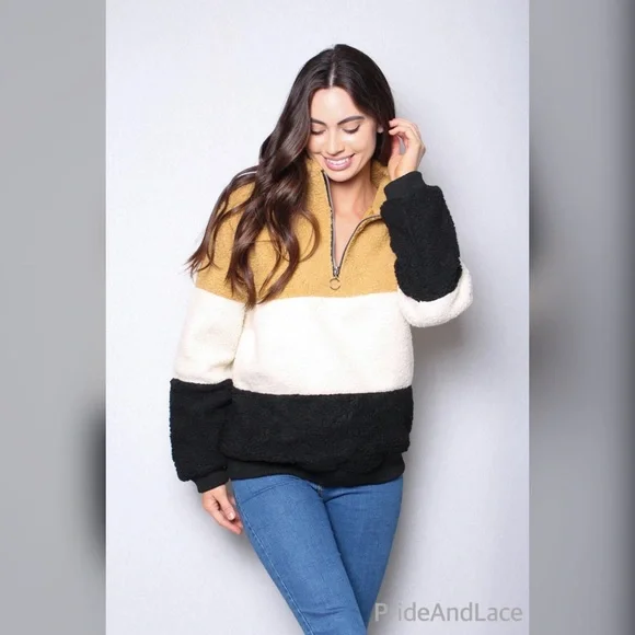 Sherpa Colorblock Zippered Mock Neck Pullover Sweater - Picture 2 of 4